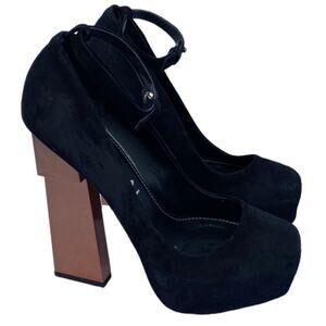 Aperlai Geisha Doll Black Suede Square Toe Platform Ankle Strap Heel Pump 38